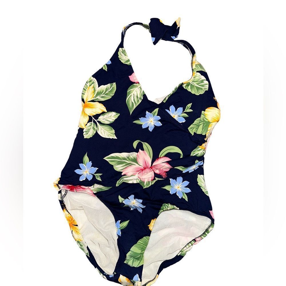 Jantzen Navy Floral Halter One-Piece Swimsuit with Pink Yellow Blue Accents